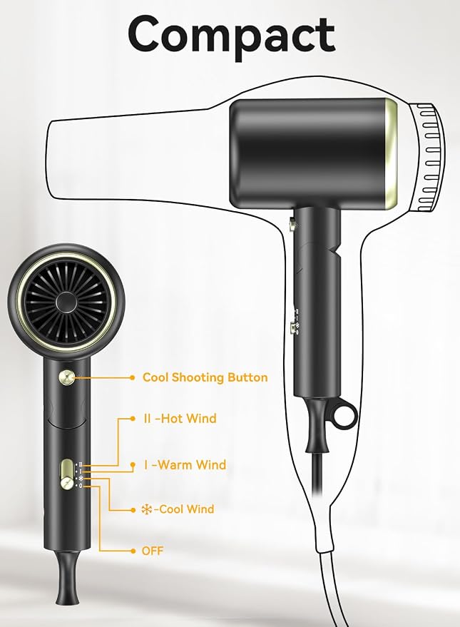 Hair Dryer, 150000RPM Ionic Blow Dryer - Fast Drying, Low Noise, Foldable Portable with Diffuser and Nozzle, Compact Mini for Women and Men, Home and Travel (Black)