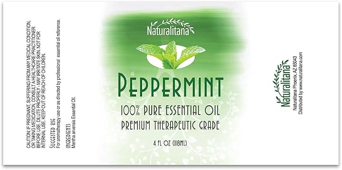 Naturalitana Peppermint Essential Oil Therapeutic Grade for Aromatherapy, Hair, Relaxation – Mint Scented 4 Fl Oz Bottle with Dropper
