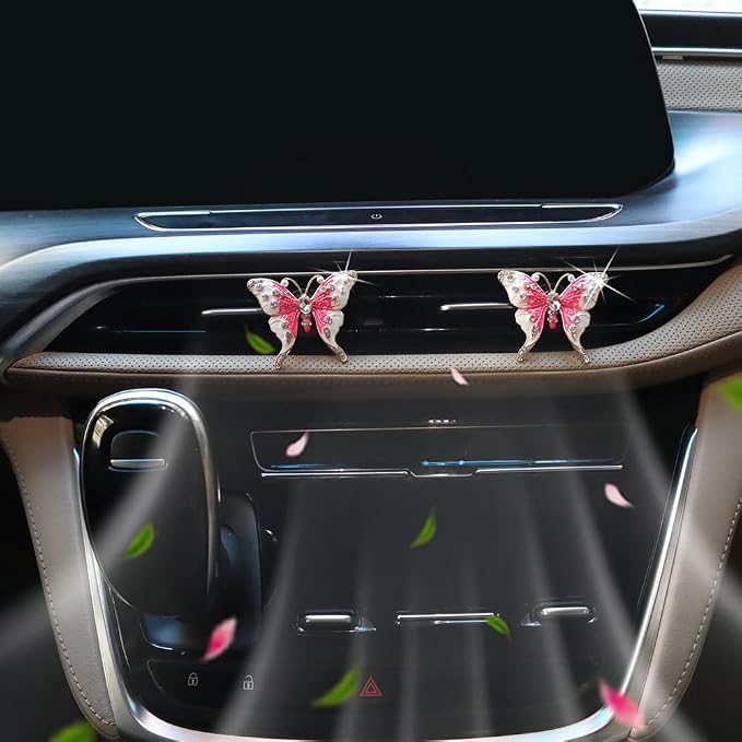 ORIESSE 2pcs Pink Butterfly Car Air Freshener Vent Clips Bling Car Accessories for Women Refillable Diffusers
