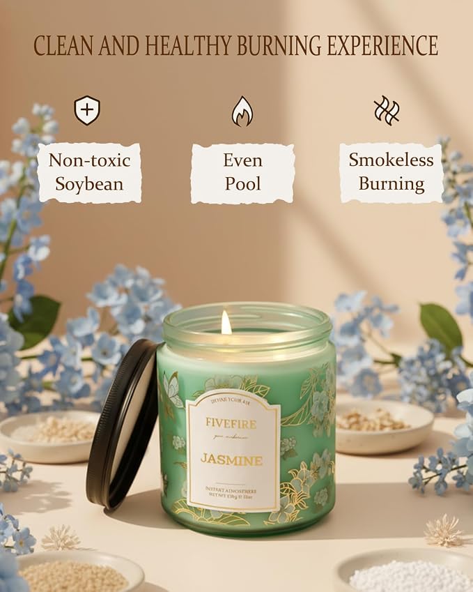 Jasmine Scented Candles for Self Care, 13oz Natural Soy Wax 2-Wick Jar, Up to 76-Hour Clean Burn, Fresh Green Jasmine Home Fragrance, Gift for Women Men