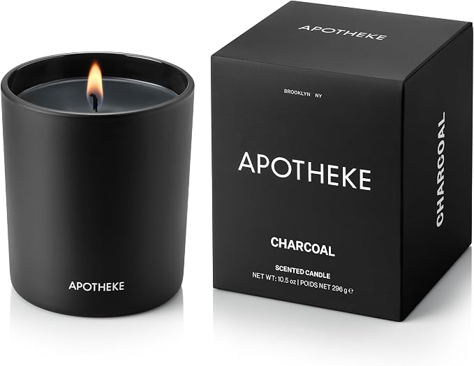 Apotheke Signature Scented Candles for Home, Charcoal - 10.5 oz - Soy Wax, Non Toxic, Large Jar - Luxury Black Candle Gifts for Women & Men - Cedarwood, Sandalwood, Oud, and Amber