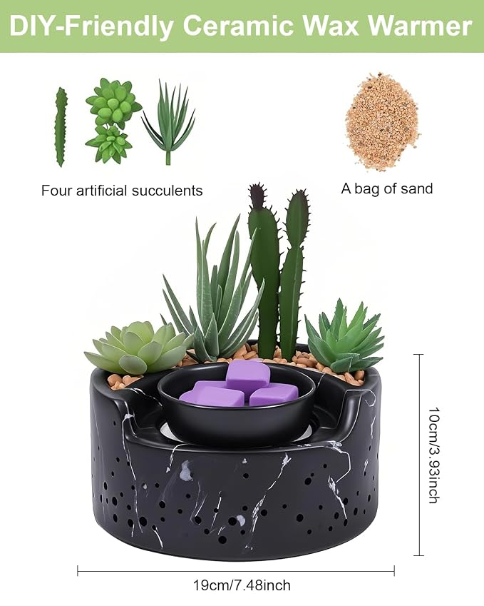 Ceramic Wax Melt Candle Warmer 4-in-1, Flameless PTC Heating with 7-Color LED Night Light, Electric Essential Oil Diffuser, Zen Design Marble Succulent Pot, for Yoga Room Home Office Decor