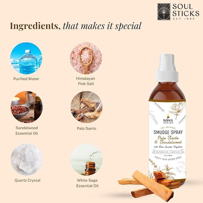 SOUL STICKS Palo Santo & Sandalwood Smudge Spray For Cleansing and Negative Energy | 3.5oz Palo Santo Spray with Real Quartz Crystals | Sage Room Spray for Spiritual Cleansing and Purifying Home Car