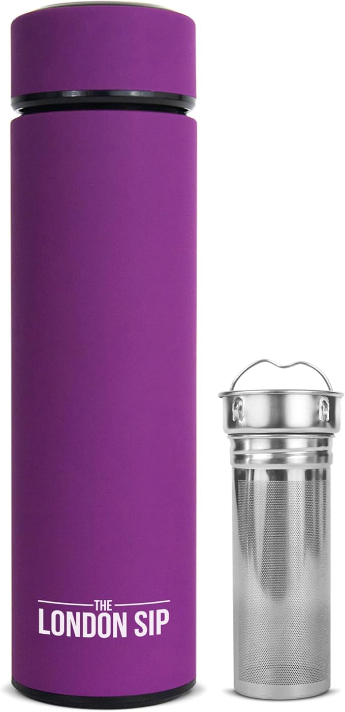 The London Sip Multi-Purpose Travel Mug and Tumbler Fruit Infused Flask Hot and Cold Double Wall Stainless Steel Thermos with Extra-Long Infuser, Purple
