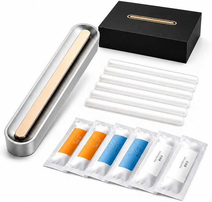 Slim Aviation Alloy Car Air Freshener, Universal Vent Clip Aroma Diffuser with 6 Refill Sticks - Orange Cologne & Ocean - Magnetic Metal Housing, Alcohol-Free Odor Neutralizer for All Standard Vents
