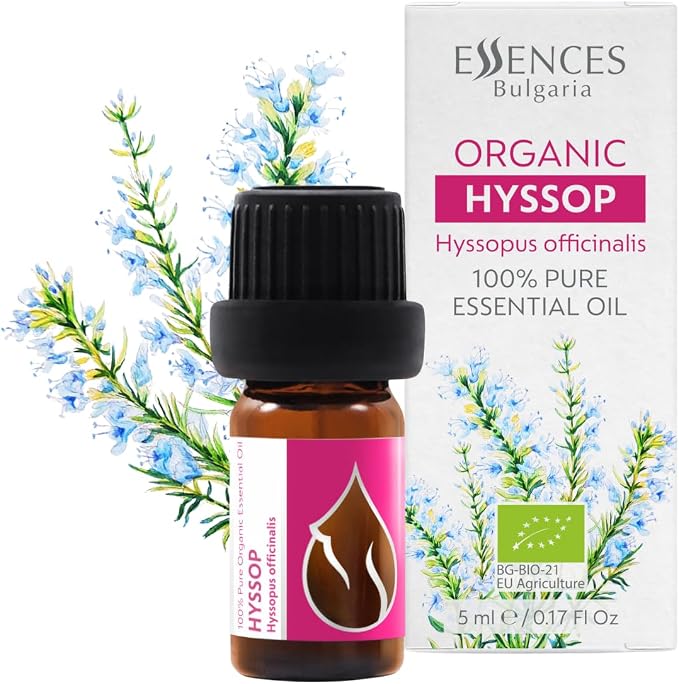 Organic Hyssop Essential Oil 1/6 Fl Oz (5ml) Hyssopus officinalis - 100% Pure and Natural Undiluted Therapeutic Grade Aromatherapy for Diffuser and Muscle Relaxation Massages