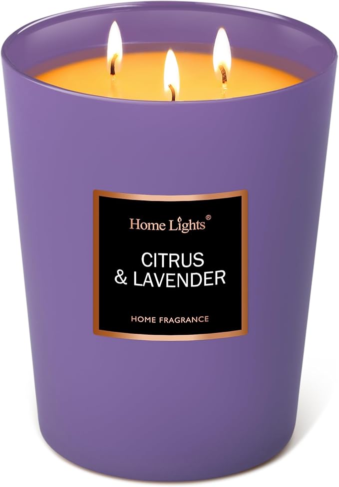 HomeLights Scented Candles - Large Jar Aromatherapy, Natural Soy Wax, 130 Hour Long Burning, Citrus & Lavender