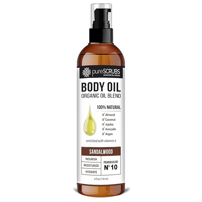 pureSCRUBS Ultra Moisturizing Sandalwood Body Oil for Dry Skin, Lightweight Full Body Moisturizer for Soft, Silky Skin, Massage & Cuticle Oil, Vitamin E Enriched, 4 oz