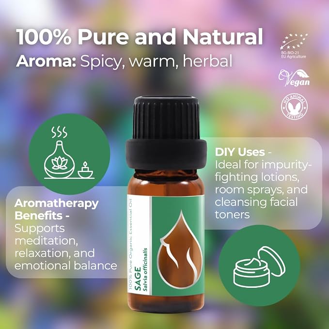 Essences Bulgaria Organic Sage Essential Oil 1/3 Fl Oz | 10ml | Salvia officinalis | 100% Pure and Natural | Undiluted | Therapeutic Grade | Family Owned Farm | Steam-Distilled | Non-GMO | Vegan