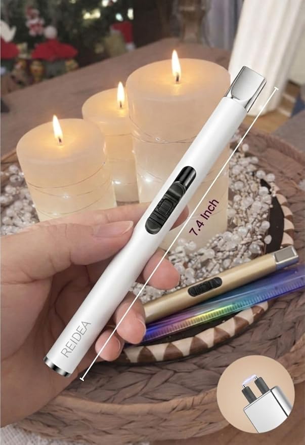 REIDEA USB Candle Lighter, Windproof Flameless Electronic Rechargeable with Safety Protector Button for Home Candle Outdoor Activities (White)