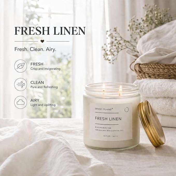 Clean Linen Scented Candle 12.7 oz – Large Fresh Linen Candle for Home, 80+ Hour Long Lasting, 100% Natural Soy Wax, 2 Wicks Clean Cotton & Soft Floral Scent, Elegant Candle Gift for Women & Men