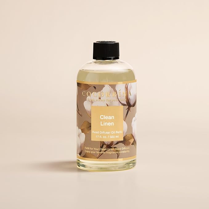Cocorrína Reed Diffuser Refill Clean Linen 17oz (500ml) with 8 Rattan Sticks - Premium Long-Lasting Scented Oil, Home Fragrance for Bedroom, Bathroom Home Decor
