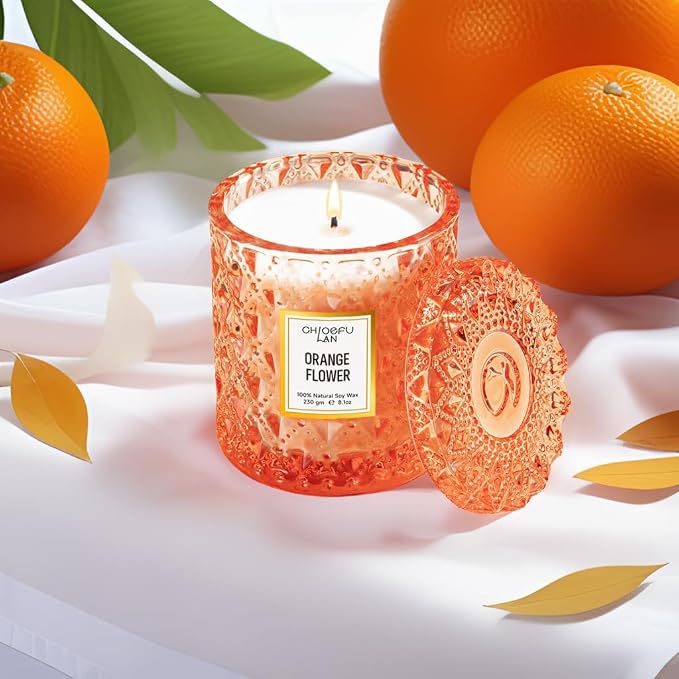 Orange Blossom Candle, Natural Soy Scented Candles for Stress Relief, Holiday Candle Gifts, 55 Hours Smokeless Long Lasting Burning, Great Gift for Women & Men