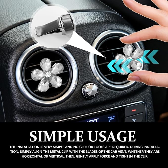 5PCS Bling Daisy Flower Car Air Vent Clips, Car Diffuser Vent Clip, Sparkling Crystal Rhinestone Cute Auto Air Conditioning Clamp, Diamond Air Outlet Clip Decor for Women Girls (White)