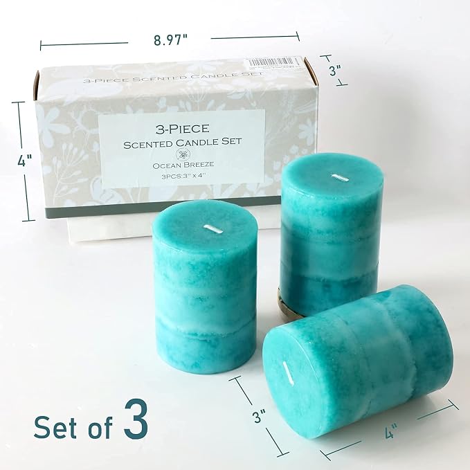 Pillar Candles Ocean Breeze Scented 3x4 inch Aqua Green Candle Clean Burning Smokeless Dripless Candles for Home Scented, Dinner Table, Fireplace Coastal Ocean Bathroom Decor - 3 Pack
