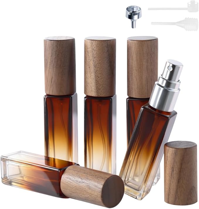 Perfume Atomizer, Glass Perfume Container,Travel Bottle Refillable, Empty Portable Leakproof Fragrance Spray Bottle (Walnut Gradient Amber 5pcs 10ml)