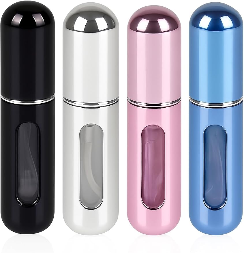 Mini Refillable Perfume Atomizer 5ml – Travel-Size Spray Bottle for Fragrance, Easy Refill, Leak-Proof Design, Compact Scent Dispenser for Purse or Pocket (Variety Pack of 4)