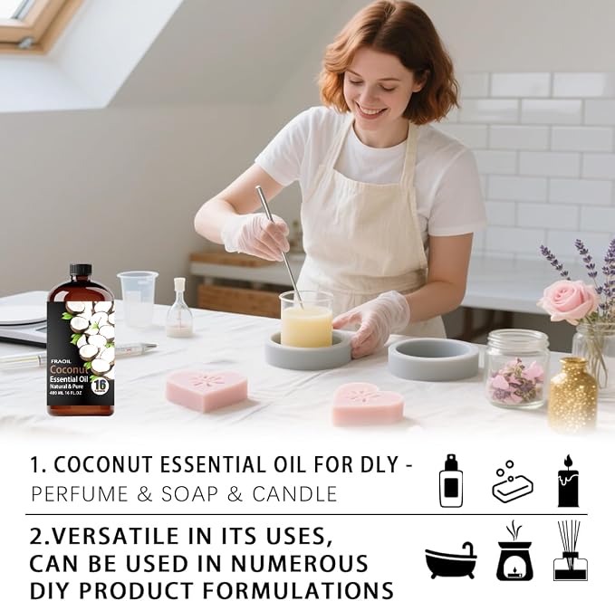 Coconut Essential Oil, Coconut Oil 16 Fl Oz 480 ML for Diffuser Humidifier Yoga Cleaning DIY Candle Soap Making Perfume Gift for Women Essential Oils FRAOIL (Coconut 16 Fl Oz (Pack of 1))