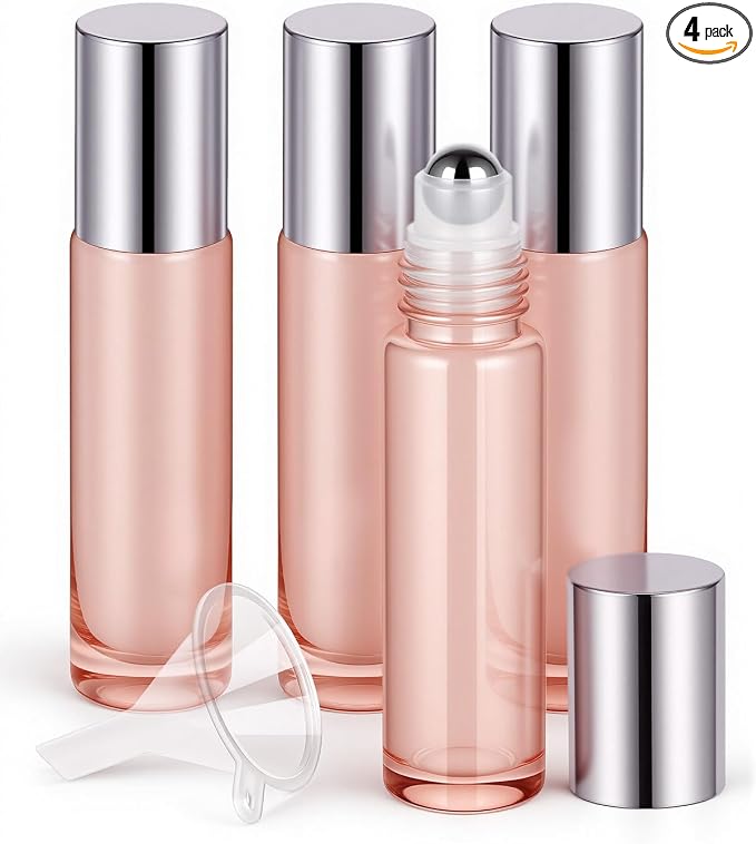 Worldgsb 4 Pack Essential Oil Roller Bottles, 10ml Refillable Glass Roller Bottles with Stainless Steel Roller Balls and Caps for Travel, Perfume and Lip Gloss Rose Gold