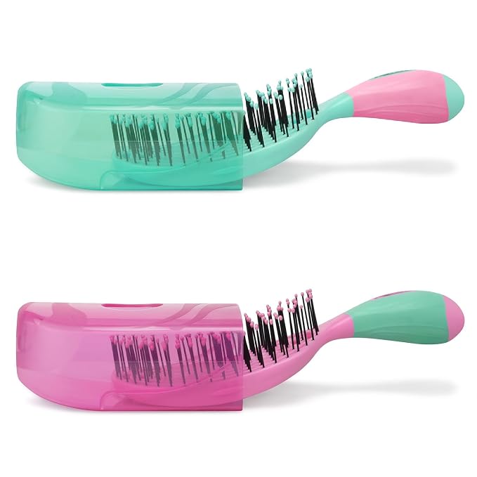 NuWay® TravelC® Detangling Hair Brush Set (2 Brushes) – Mix-n-Match Travel Case Colors, Patented Curved Vented Design with Protective Case for Wet or Dry Hair (Pink & Teal)