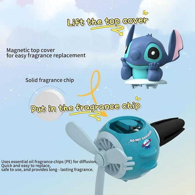 Stitch Car Air Fresheners - Cartoon Pilot Automotive Diffuser, Rotating Propeller Automotive Air Outlet Fan Creative Car Perfume Decoration Accessories with 2 Fragrances