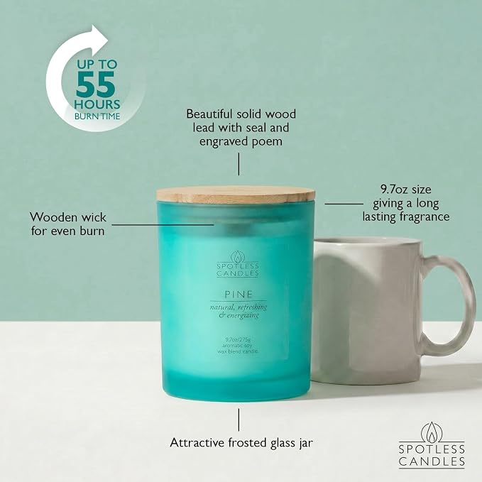 Pine Candle; 9.7 oz: 55 Hrs Burn Time, Soy Wax Teal Frosted Jar with Crackling Wooden Wick & Luxury Gift Box: Pine Scented Candle by Spotless Candles | Soy Wax, 55 Hrs Burn Time, Crackling Wooden Wick, Luxury Gift Box