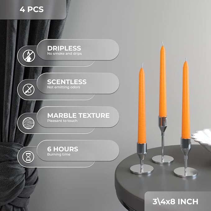 CANDWAX 8 inch Orange Taper Candles Set of 4 - Dripless, Unscented - Perfect for Dinner, Party or Christmas Decor, Halloween Candles or Thanksgiving Décor