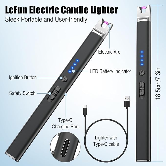 LcFun 2 Pack Black Candle Lighter Electric USB Rechargeable Plasma Arc Lighter with Safety Lock, Windproof Flameless Long Lighters for Candle, Grill, BBQ, Camping, Gas Stoves