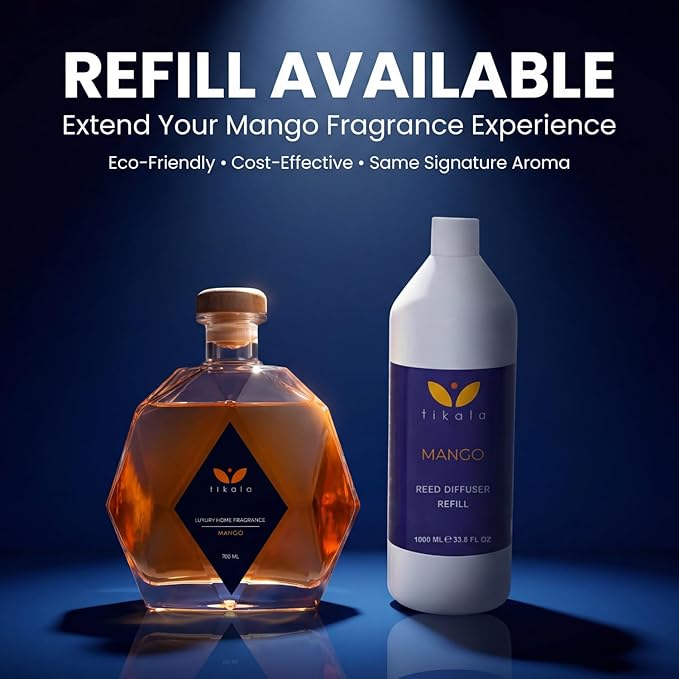 Luxury Reed Diffuser with Mango Scent – Crystal Glass Bottle – Home Fragrance for Living Room, Bathroom & Office – 23.67 fl oz (700 ml)