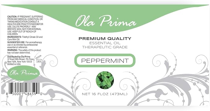Ola Prima Peppermint Essential Oil Therapeutic Grade 16 oz for Aromatherapy, Diffuser, Cleaning, Lotions, Creams, Bath Bombs, Scrubs, Candles
