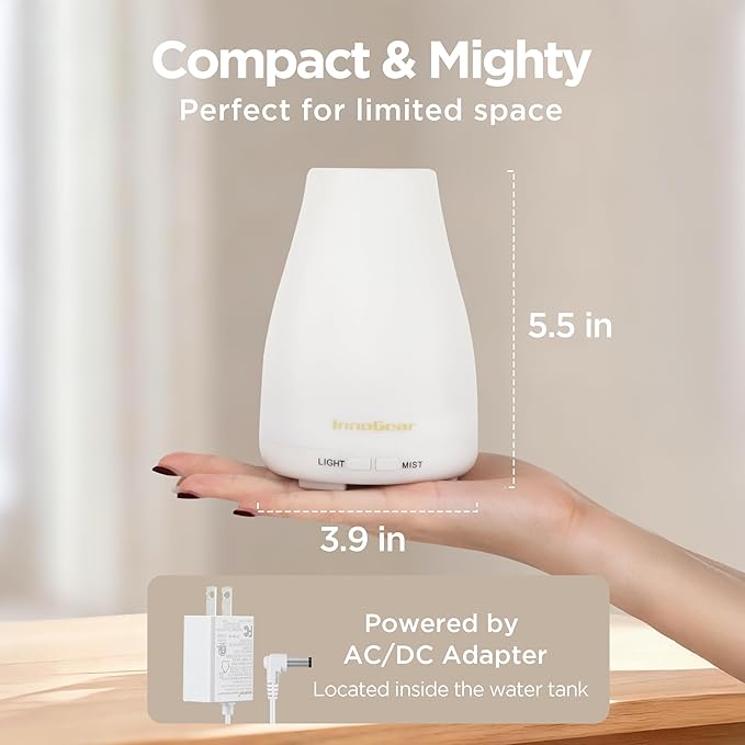 InnoGear Essential Oil Diffuser, 2 Pack Ultrasonic Diffusers for Home Aromatherapy Humidifier for Bedroom Room 7 Colors LED 2 Mist Mode Auto Off, Basic White