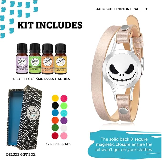 Wild Essentials Jack Skullington Essential Oil Leather Wrap Bracelet Diffuser Gift Set, Lavender, Lemongrass, Peppermint, Orange Oils, 12 Pads, Customize Color Changing Perfume Jewelry, Aromatherapy