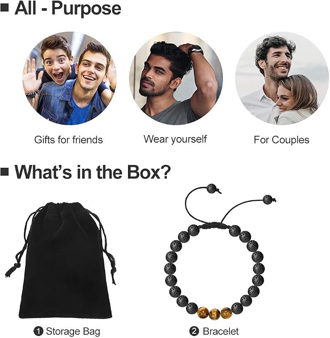 M MOOHAM Mens Bracelet - Beaded Natural Stone 8mm Tiger Eye Matte Agate Lava Rock Bracelets for Men Teen Boys Grandpa Dad Birthday Gifts Jewelry