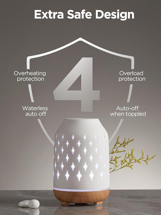 InnoGear Aromatherapy Diffuser, 150ml Ceramic Diffuser Mother's Gift Ultrasonic Humidifier Cool Mist Essential Oil Diffusers for Home Air Diffuser with 2 Mist Modes Waterless Auto Off, White