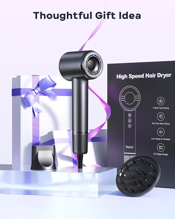 Bopcal Hair Dryer, Ionic Blow Dryer with Diffuser, 150,000 RPM Professional High-Speed Hair Dryer, 500M Negative Ions Fast Drying, Lightweight Low Noise for Curly & Straight Hair, Travel Friendly