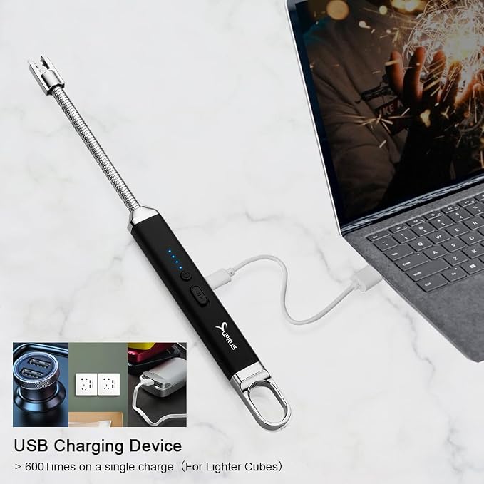 SUPRUS Rechargeable USB Arc Electric Lighetrs with Safety Switch 360° Flexible Neck Flameless Grill Long Lighters for Candle Camping Cooking (Black, 2Packs)