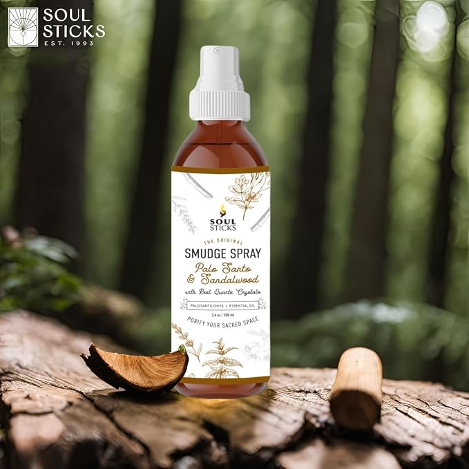 SOUL STICKS Palo Santo & Sandalwood Smudge Spray For Cleansing and Negative Energy | 3.5oz Palo Santo Spray with Real Quartz Crystals | Sage Room Spray for Spiritual Cleansing and Purifying Home Car