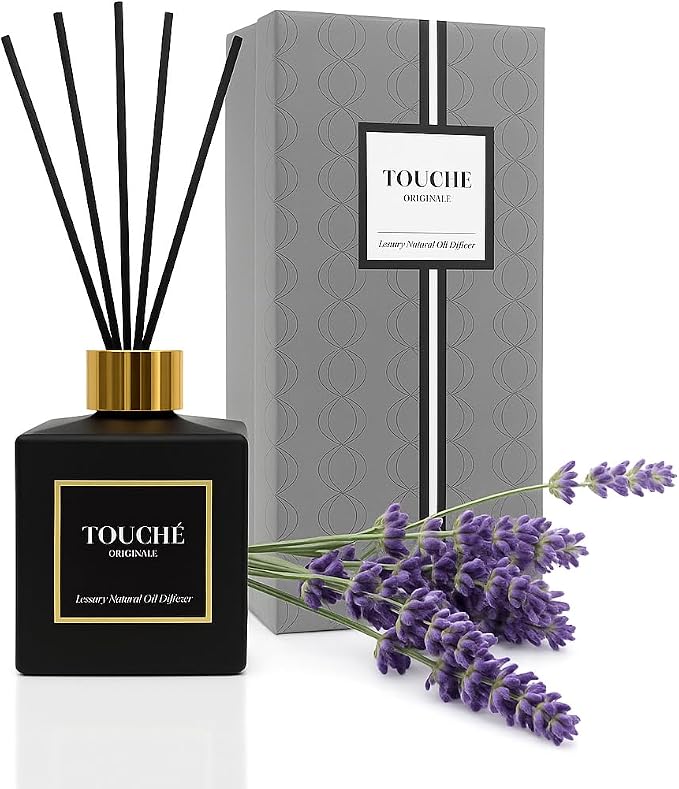 Touche Luxury Natural Reed Diffuser. Long Lasting Scented Home Fragrance. Natural Essential Oil Alcohol-Free. 4.75 OZ. Glass Bottle (Lavender & Eucalyptus - Black Bottle)