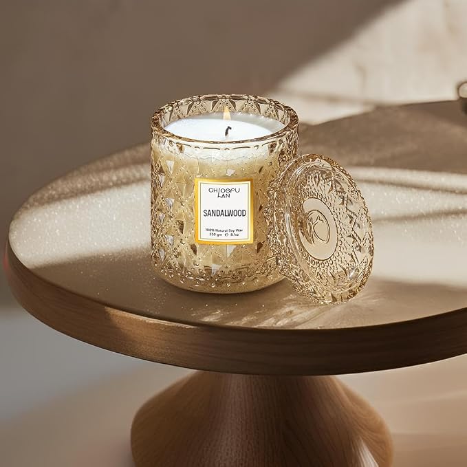 Sandalwood Candle, Dad Gifts Candle, Natural Soy Scented Candles for Stress Relief, 55 Hours Lasting Burning, Great Gift for Women & Men