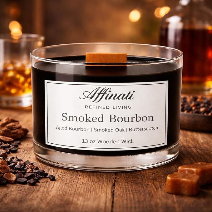 Affinati Smoked Bourbon Wooden Wick Candle – Luxury Wooden Bowl, 13 oz