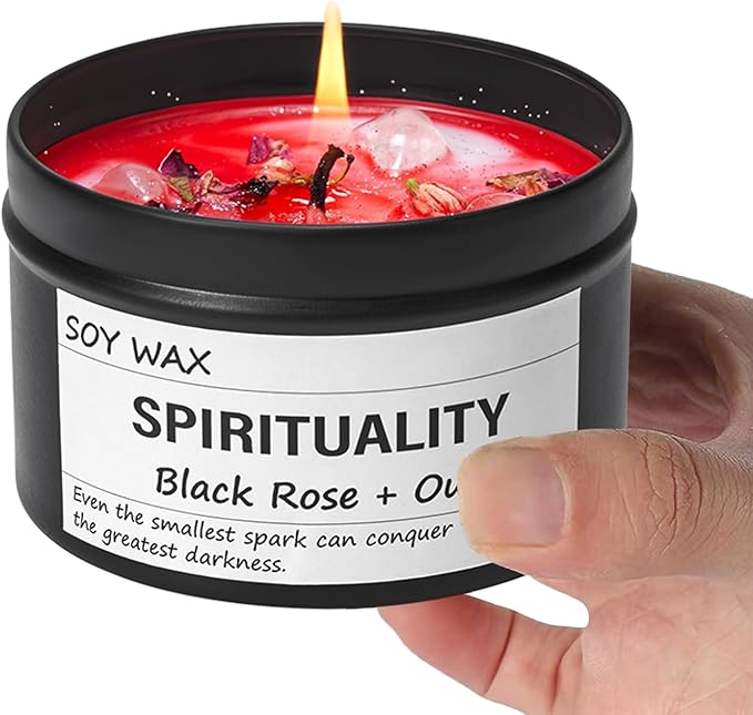 Crystal Energy Candle, Spiritual Candles for Women, Spark Conquer Darkness, Black Rose & Oud Candles, Emotional Support, Encouragement, Perfect Self-Care and Inspirational Affirmation Gift