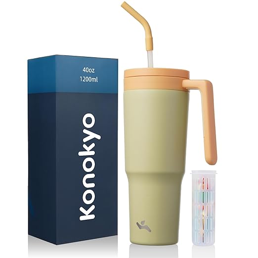 Konokyo Insulated Tumbler with Handle and Straw,40 OZ Vacuum Stainless Steel Water Bottle Travel Mug Metal Cup with Fruit Diffuser,Lemon