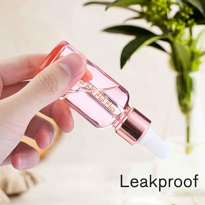 PrettyCare Glass Eye Dropper Bottles 2oz (60ml), 12 Pcs Empty Thick Pink Rose Glass Bottles Bulk with Leakproof Cap - With Labels & Funnel for for Storage, Travel,Essential Oils, DIY Serums, Tincture