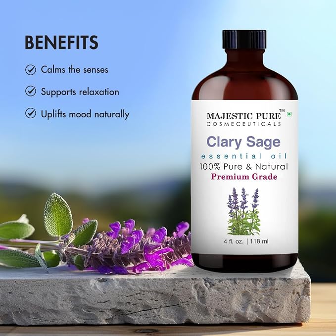 Majestic Pure Essential Oil with Glass Dropper - 100% Pure and Natural - Essential Oils for Diffuser, Aromatherapy, Soap and Candle Making, Clary Sage Essential Oil, Clary Sage Oil, 4 Fl Oz