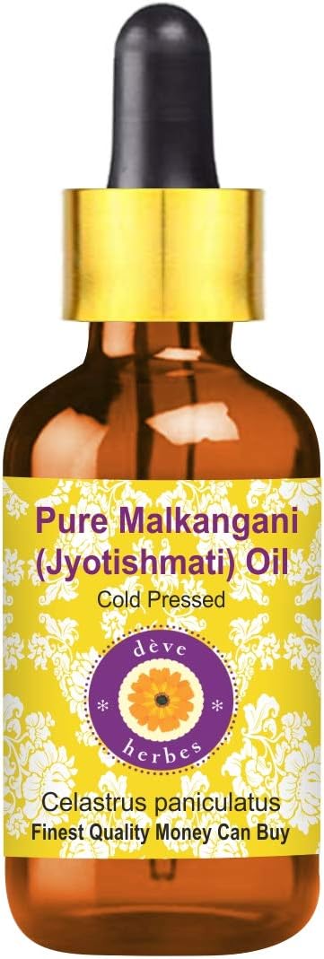 dève herbes Jyotishmati Oil (Celastrus paniculatus) with Glass Dropper | Cold Pressed | Pure | Natural | for Diluting Essential Oils | Skin & Massage | Non-Sticky| Lightweight| Unisex | 30ml (1 oz)