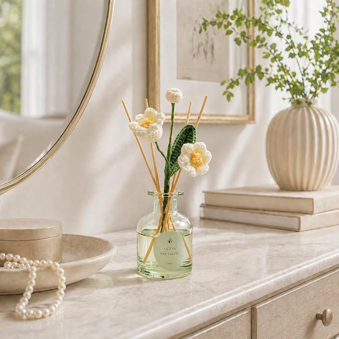 VANGIE Lily of The Valley Reed Diffuser for Home | Fresh Floral Scent | Elegant Glass Bottle with Handmade Flower | Long-Lasting, Vegan | Bedroom & Living Spaces