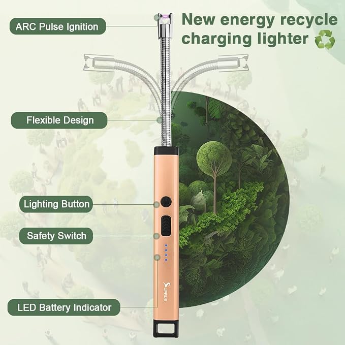 SUPRUS Rechargeable Candle Lighter Electric Arc Triple Safety Long Lighter Stainless Steel Shell & Hanging Hook (Peach Fuzz)