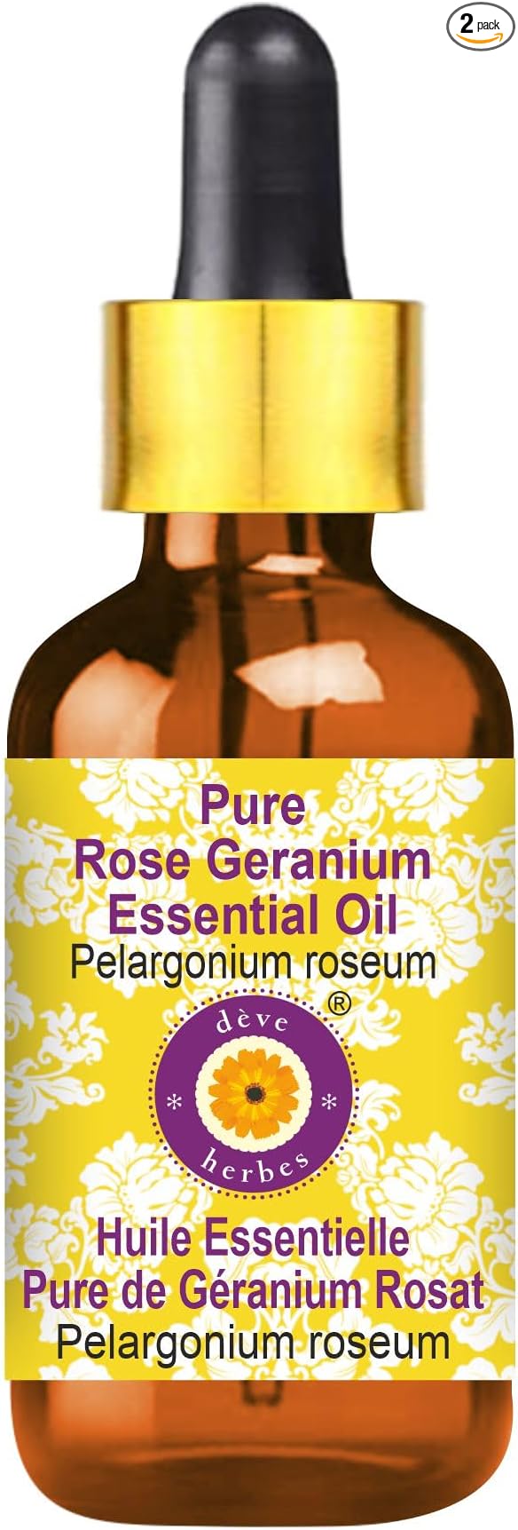 Deve Herbes Pure Rose Geranium Essential Oil (Pelargonium roseum) with Glass Dropper Steam Distilled 10ml (0.33 oz)