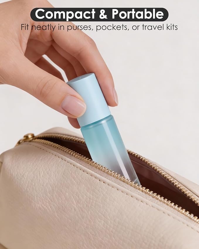 Worldgsb 12 Pack Essential Oil Roller Bottles, 10ml Refillable Glass Roller Bottles with Stainless Steel Roller Balls and Caps for Travel, Perfume and Lip Gloss Blue Gradient