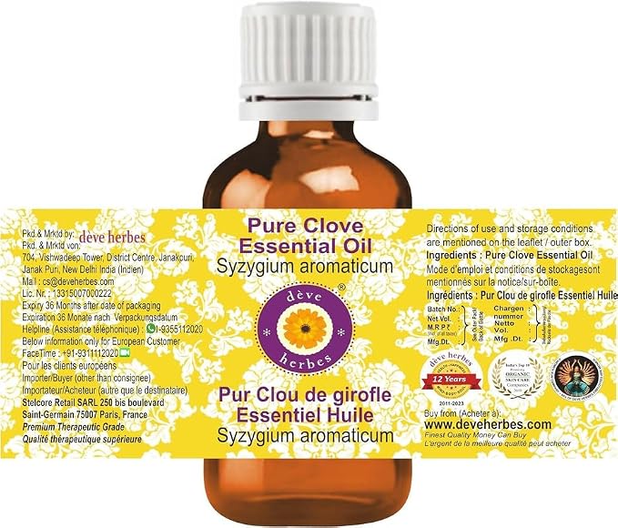 Deve Herbes Pure Clove Essential Oil (Syzygium aromaticum) Steam Distilled 30ml (1 oz)